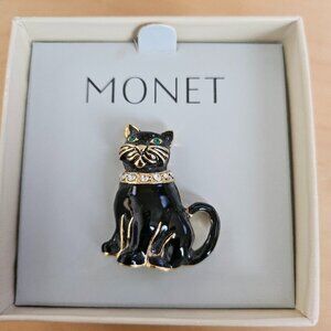 Monet Black Enamel Cat Brooch